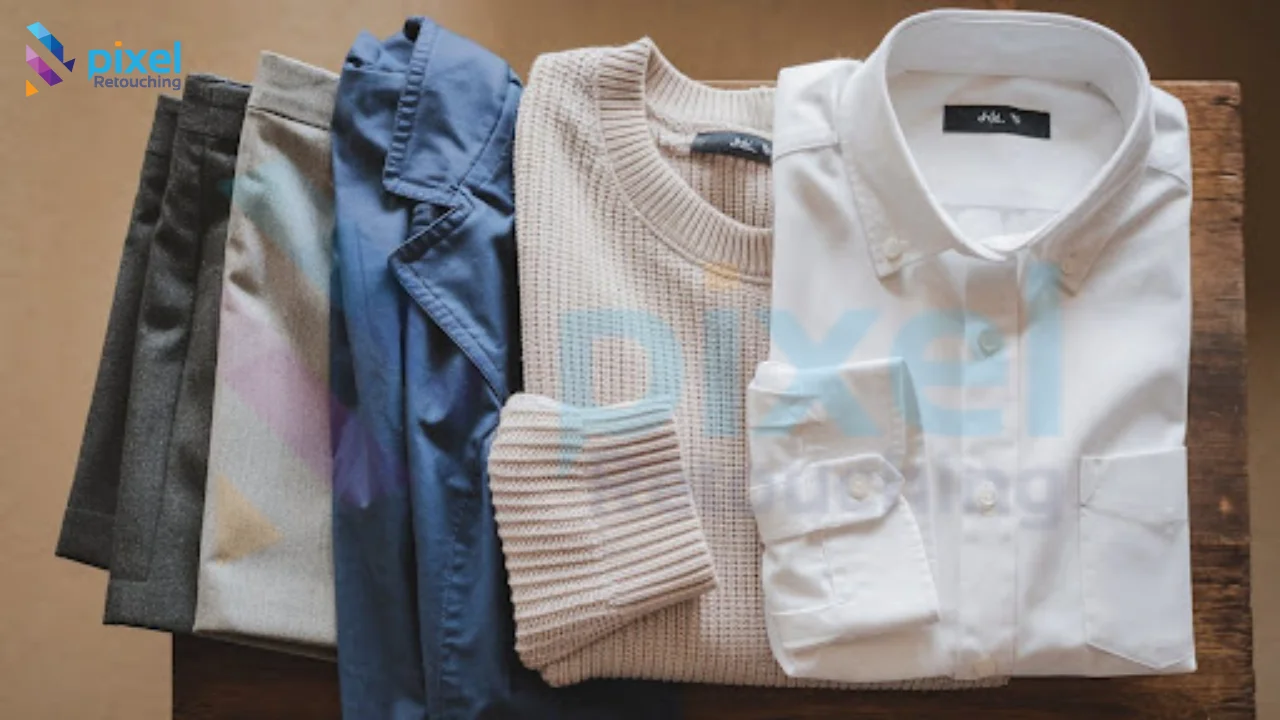 Folded shirts, knitwear and trousers laid in a row on a wooden surface
