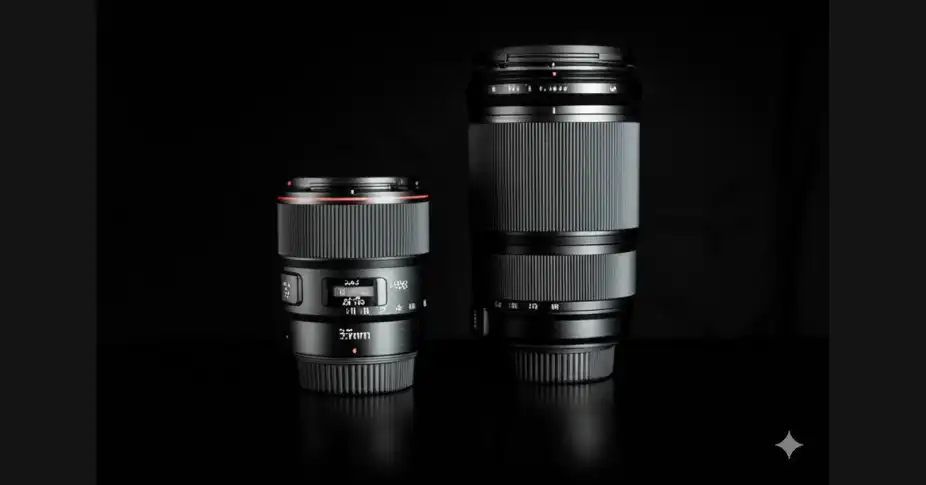 This image focuses on the physical size and appearance of typical 35mm and 50mm prime lenses mounted on similar cameras. This can help readers visualize the compact nature of these lenses.