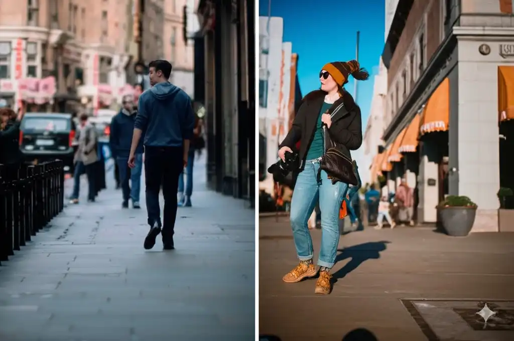 This image highlights the different use cases. On the left, a street photography scene with a person walking amidst a vibrant background, suggesting the 35mm lens's suitability for capturing context. On the right, a close-up portrait with a blurred background, showcasing the 50mm lens's strength in subject isolation and bokeh.
