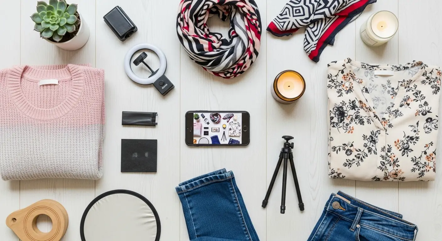 Overhead flat lay of knitwear, jeans and a blouse arranged on a white wooden surface