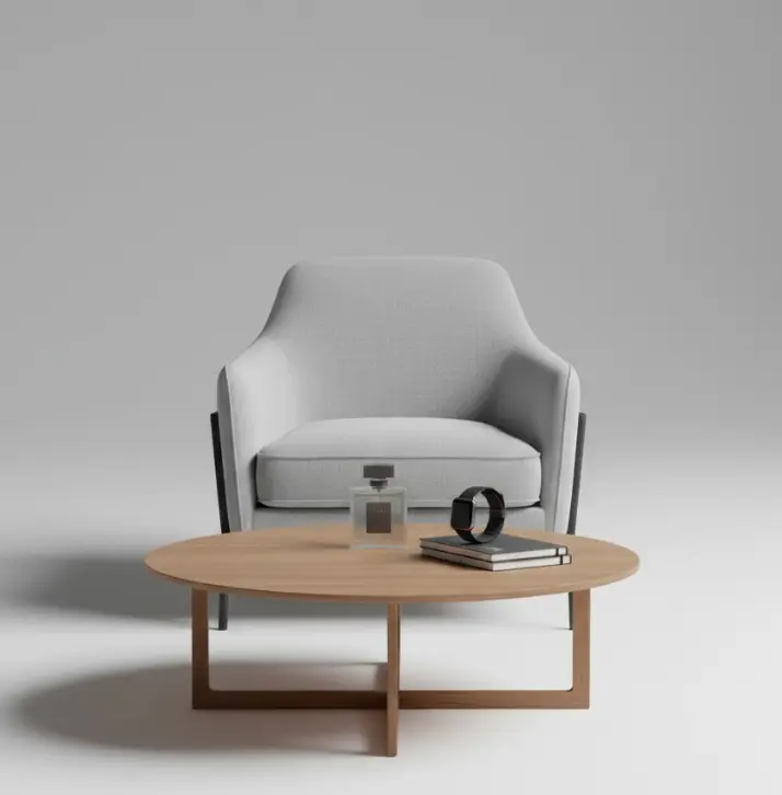 Image Prompt (Hero Section – Professional Photo Editing for Photographers & E-Commerce) A modern, high-end website hero image representing professional photo editing and retouching services. A clean, balanced composition featuring professionally photographed furniture and e-commerce products — such as a modern sofa or chair, a wooden table, and premium retail items like bottles, accessories, or electronics — alongside a professional DSLR or mirrorless camera placed naturally in the scene. All objects appear perfectly lit, color-corrected, and flawlessly retouched with sharp details, smooth surfaces, and realistic shadows. Studio-quality lighting, neutral background with subtle depth, minimalist and modern aesthetic. No people, no wedding elements, no lifestyle scenes, no text, no logos. Ultra-realistic, polished, professional photography look. 16:9 aspect ratio.