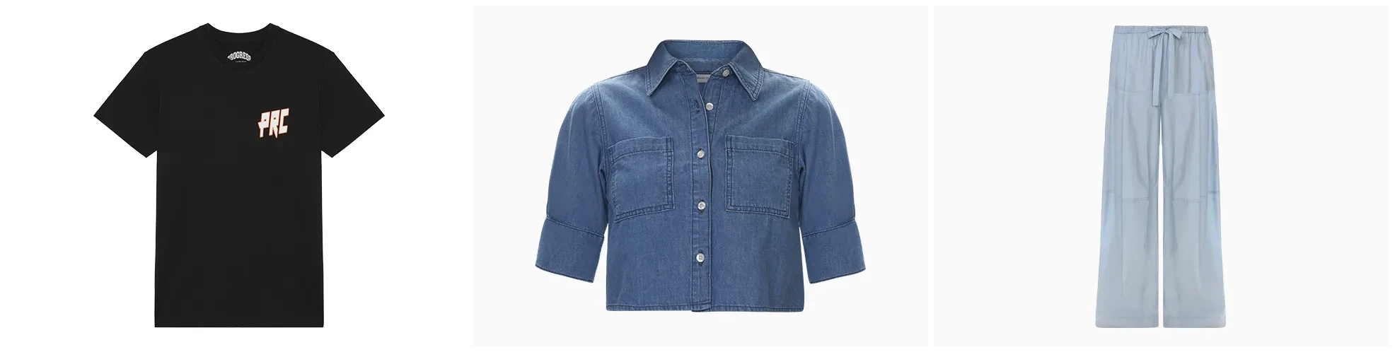 Three garments - t-shirt, denim shirt and wide-leg trousers - edited to identical lighting, angle, crop and background