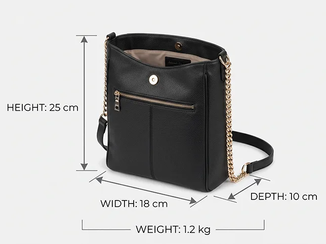 Black leather shoulder bag after height, width, depth and weight callouts were added for an Amazon secondary image