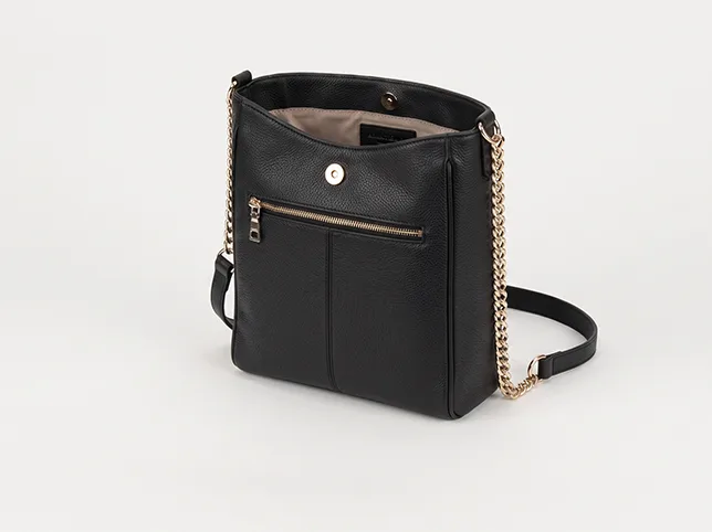 Black leather shoulder bag before height, width, depth and weight callouts were added for an Amazon secondary image