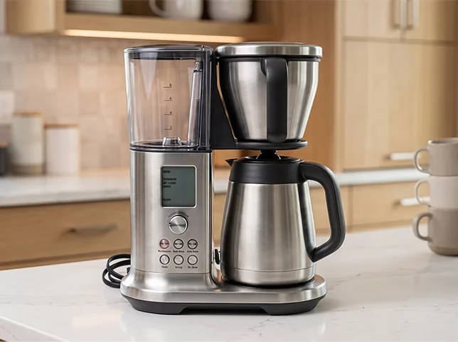 Stainless steel coffee maker after it was composited into a bright kitchen scene for an Amazon lifestyle image