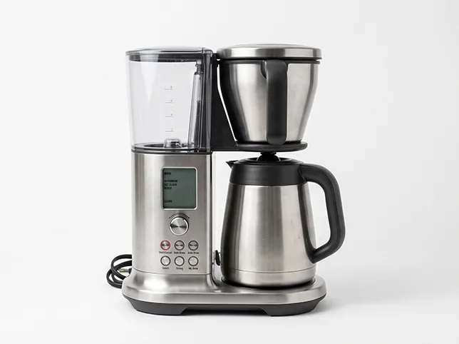Stainless steel coffee maker before it was composited into a bright kitchen scene for an Amazon lifestyle image