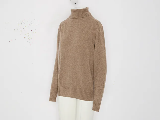Camel knit turtleneck before background removal and dust cleanup