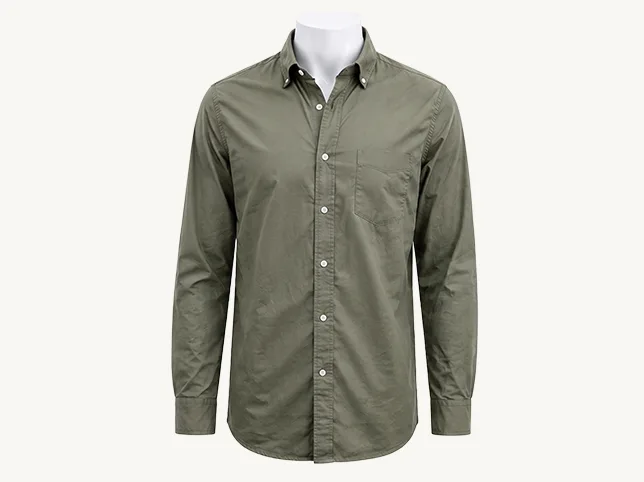 Olive cotton shirt before fabric cleanup and mannequin removal