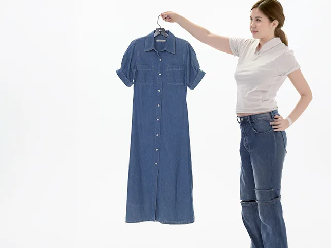 Blue denim shirt dress before model and lookbook retouching