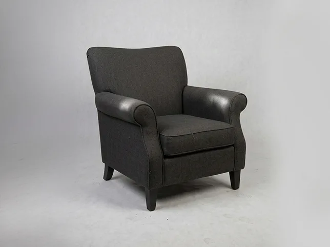 Dark grey upholstered armchair before furniture and interiors editing