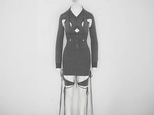 Grey knit dress before the mannequin was removed and the shape held