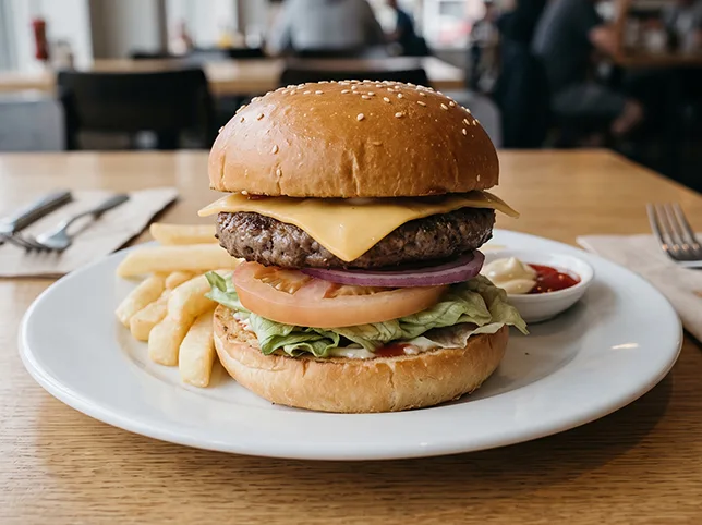 Cheeseburger and fries before food advertising retouching, with steam added