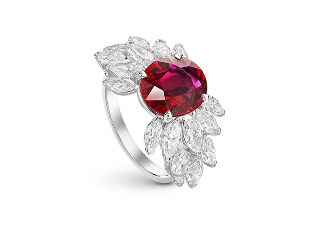 Ruby and diamond cocktail ring after advanced retouching onto a clean background