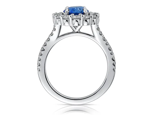 Sapphire halo ring after retouching with each pave stone kept distinct