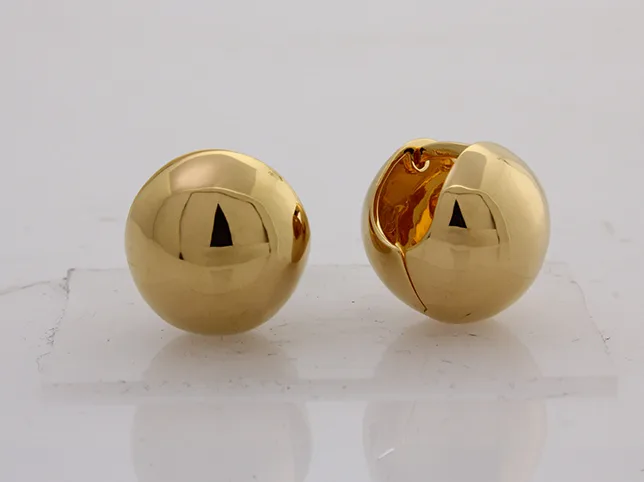 Gold ball earrings before batch listing cleanup on a white background