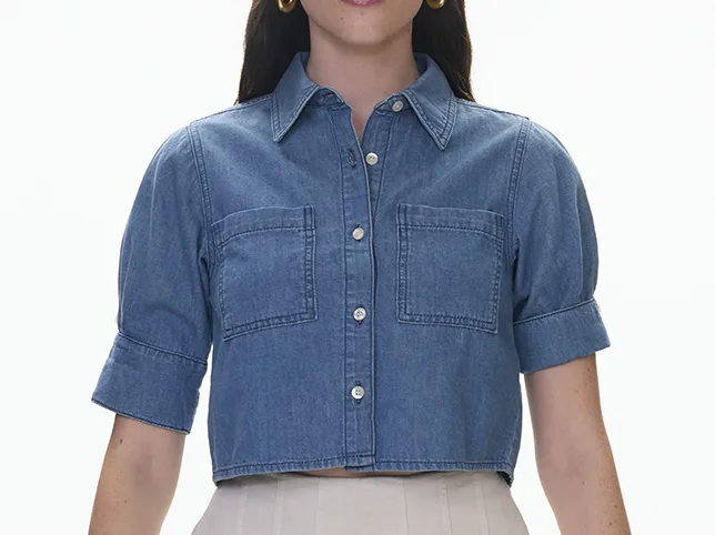 Cropped denim shirt before the mannequin was removed and the collar and cuffs rebuilt