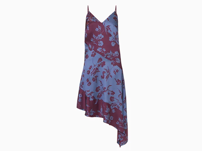 Floral slip dress after the mannequin was removed and the straps and asymmetric hem kept intact