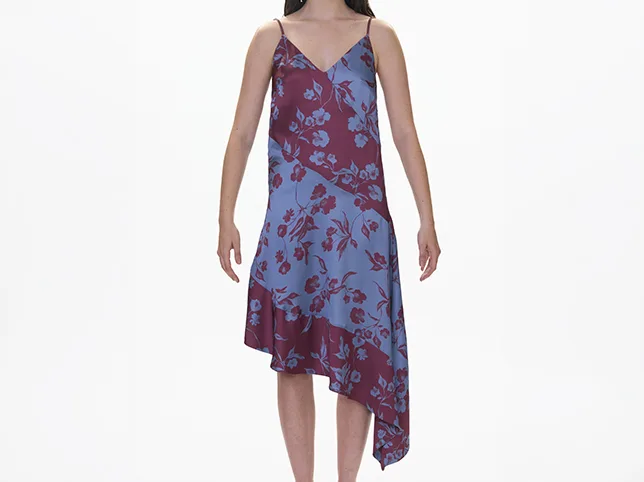 Floral slip dress before the mannequin was removed and the straps and asymmetric hem kept intact