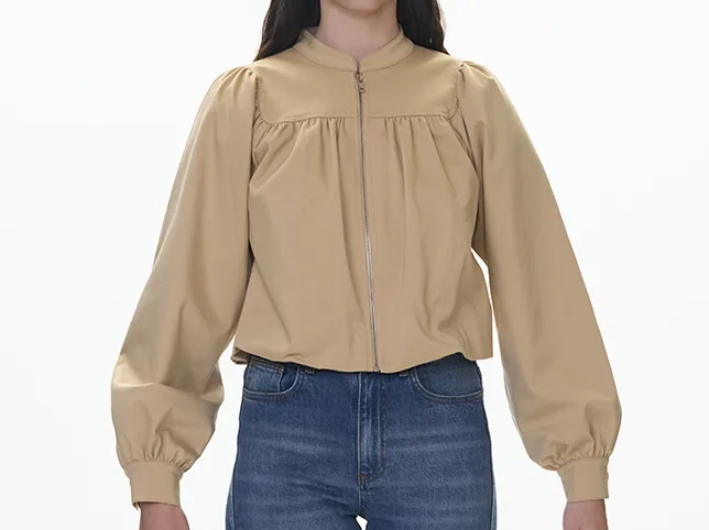 Tan blouson jacket before the mannequin was removed and the shoulders and sleeves squared