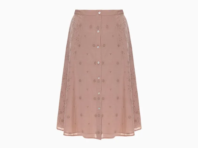Pink pleated midi skirt after the mannequin was removed and the waistband closed