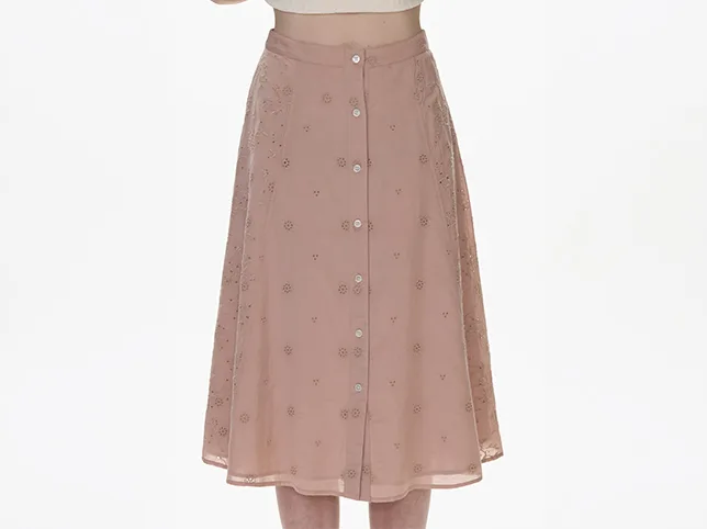 Pink pleated midi skirt before the mannequin was removed and the waistband closed