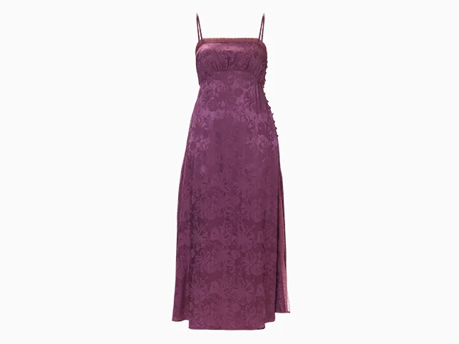 Purple textured slip dress after the mannequin was removed and the shoulder straps rebuilt