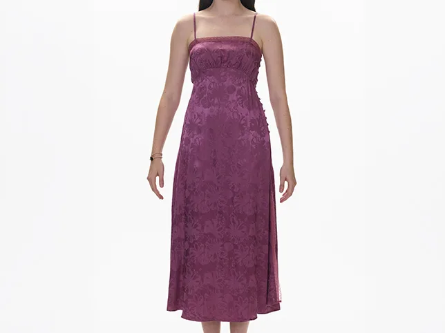 Purple textured slip dress before the mannequin was removed and the shoulder straps rebuilt