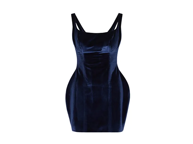 Navy velvet mini dress after the model was removed and the garment shaped to stand on its own