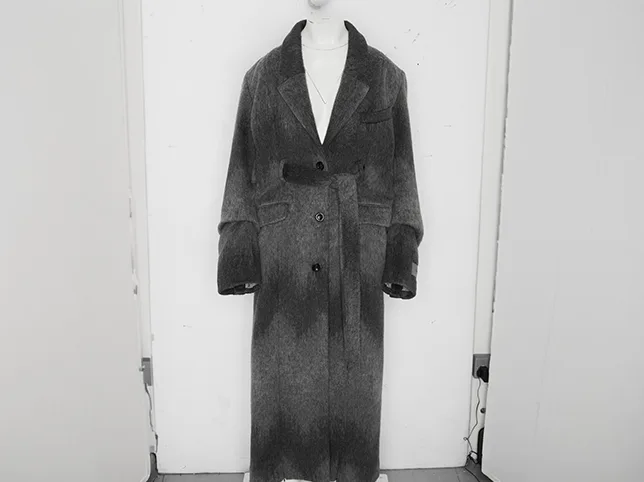 Grey V-neck dress before the hanger and rail were removed and the neckline composited back