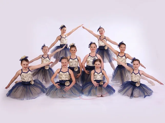 Group of young ballet dancers after the studio backdrop was extended to fill the frame