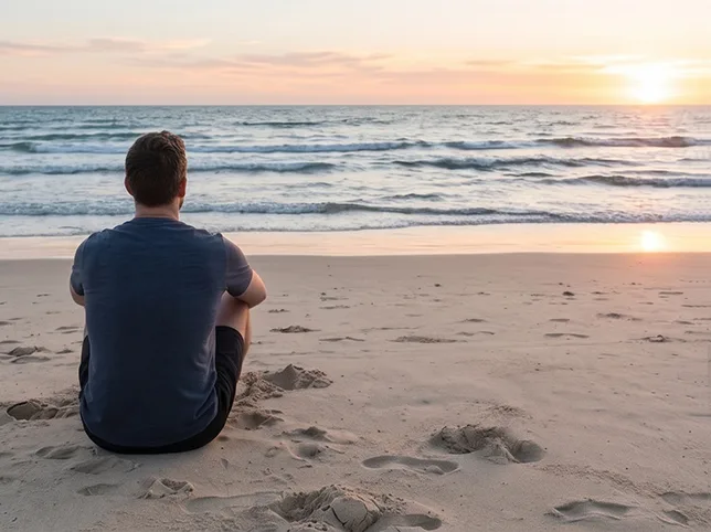 Man watching the sunset on a beach after a picnic table was removed from the frame