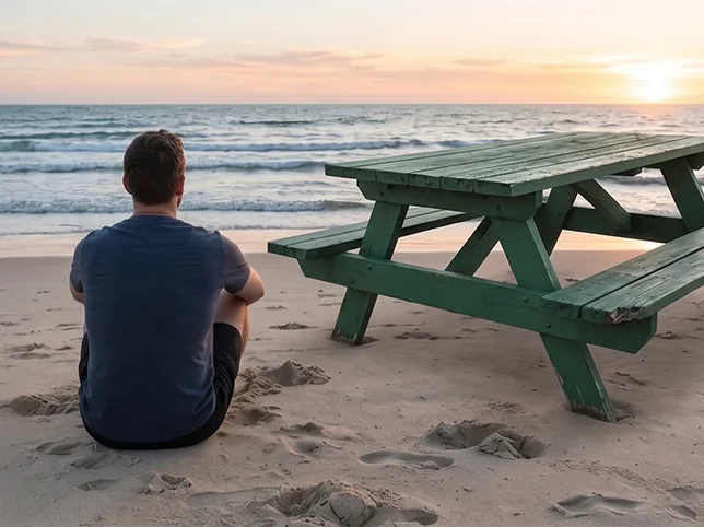 Man watching the sunset on a beach before a picnic table was removed from the frame