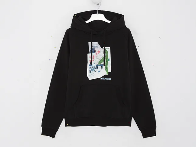 Black graphic hoodie before ghost mannequin editing