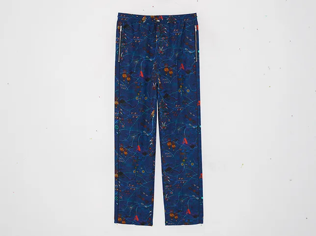 Blue patterned trousers before colourway editing without a second shoot