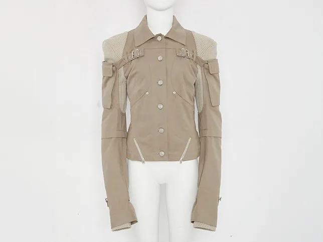 Beige utility jacket before ghost mannequin editing for the product grid