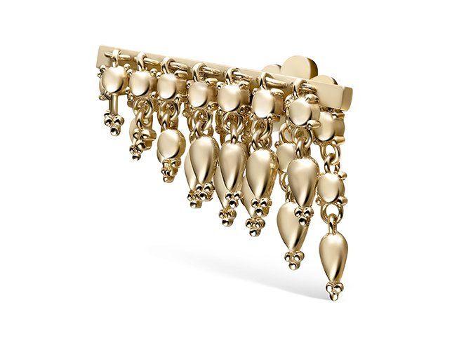 Gold fringe brooch photographed on white with no shadow, shown at an angle
