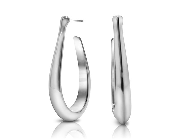 Silver drop earrings with a reflection below, showing the hanging line of the design