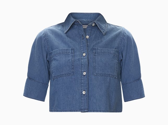 Denim shirt after ghost mannequin retouching with a rebuilt collar stand and open neckline