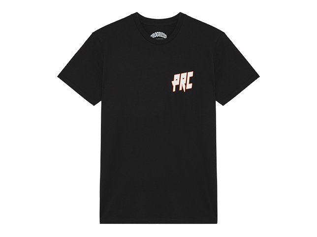 Black graphic t-shirt after ghost mannequin editing, hanger removed and inner neck label visible on pure white