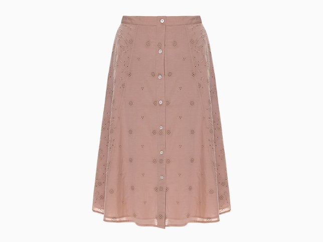 Pink skirt after ghost mannequin editing with an open waistband on a white background