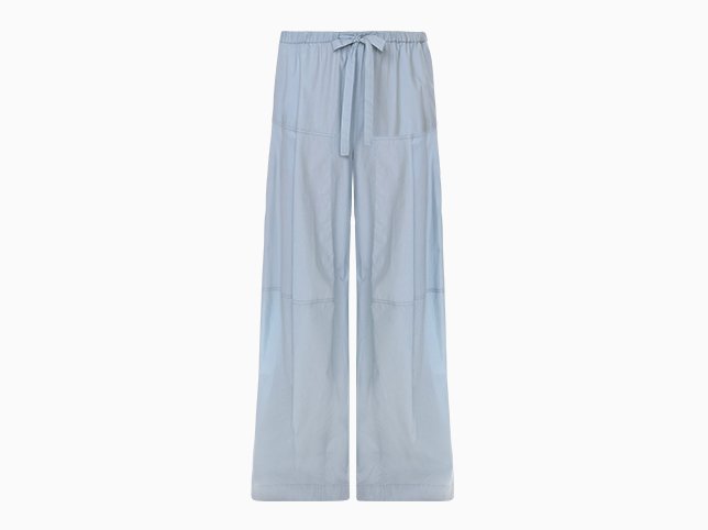 Wide leg trousers after ghost mannequin editing with an open waistband and hollow leg openings